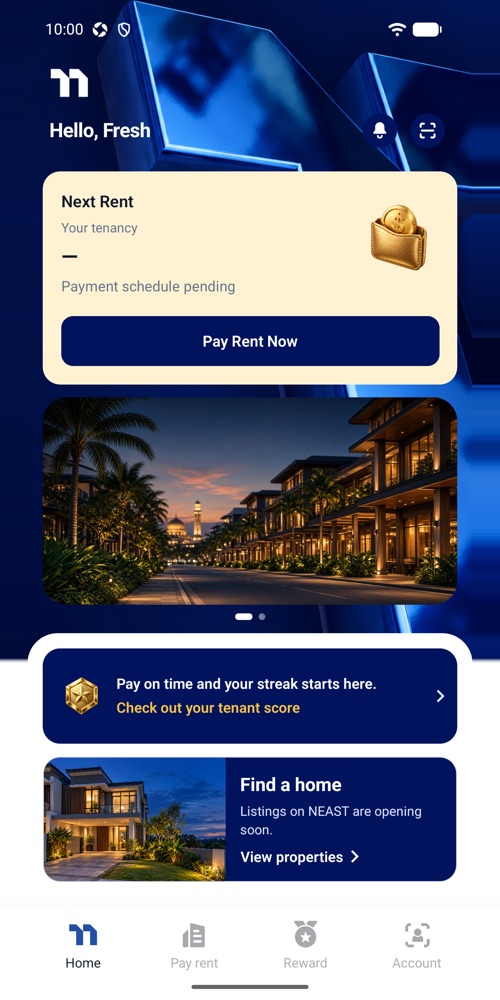 NEAST home screen with the next rent and a Pay Rent Now button
